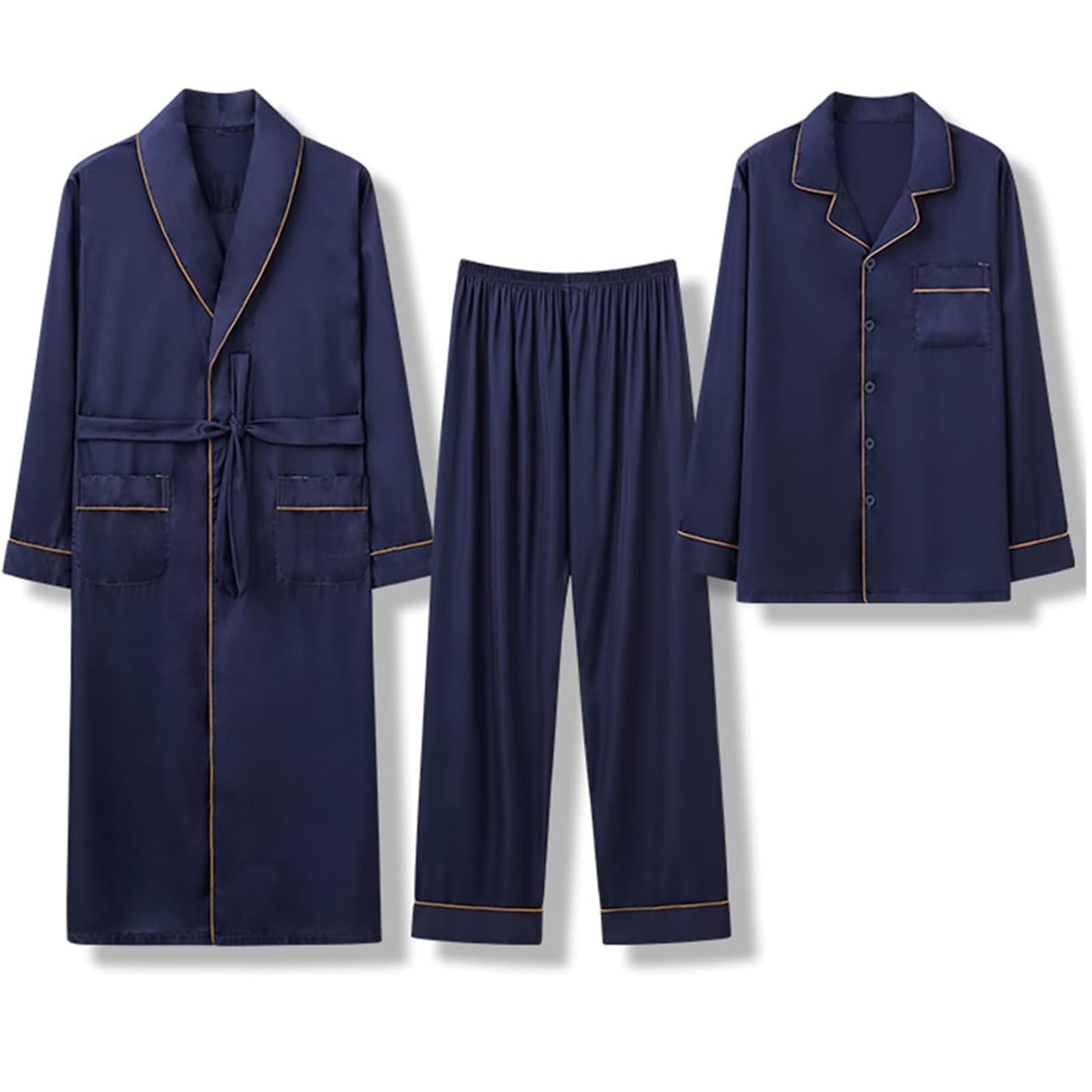 3-teiliger Herren-Satin-Pyjama mit Seidenhemd, weiche Loungewear, klassischer Schlafanzug