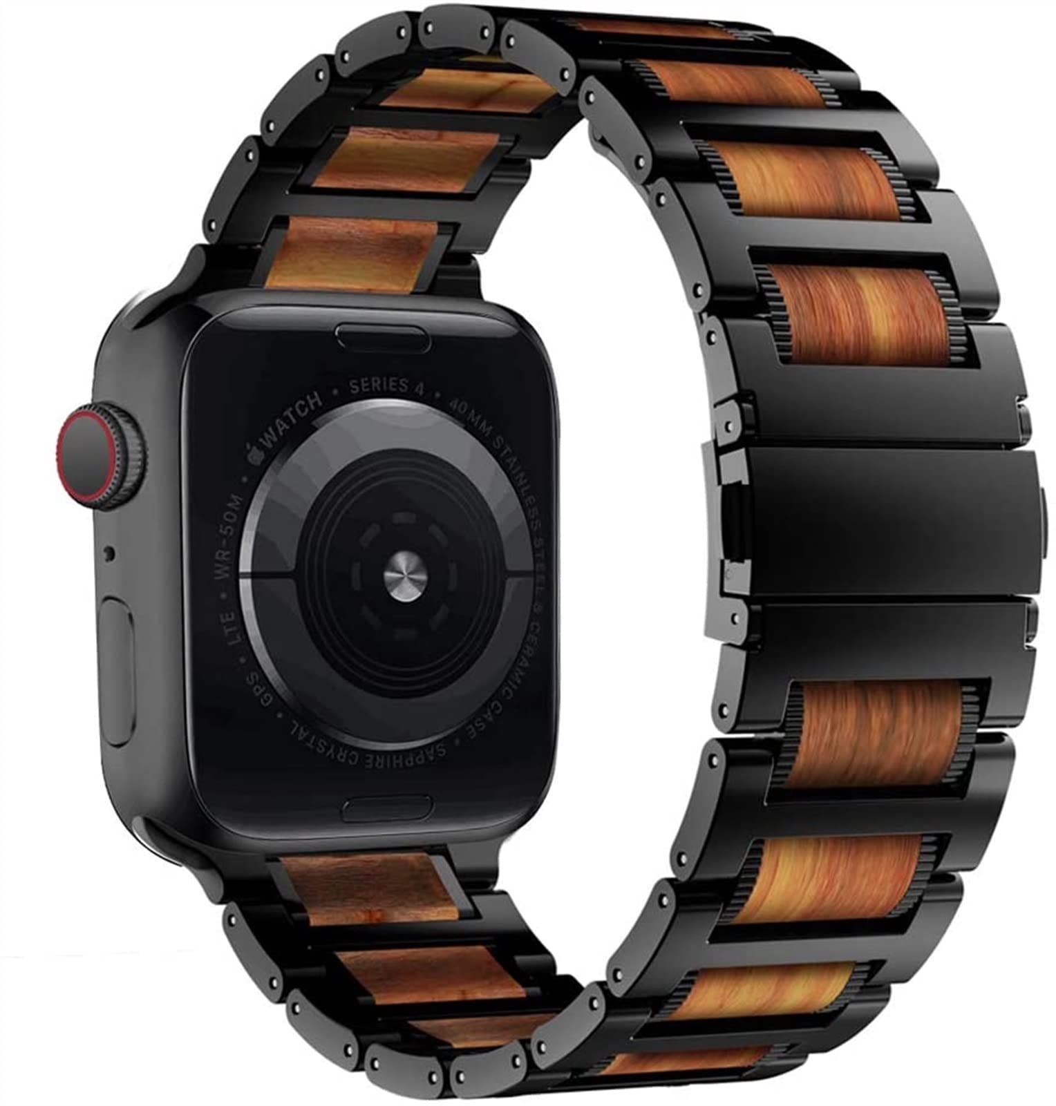 AMSH Holz-Armband für Apple Watch, 44 mm, 40 mm, 42 mm, 38 mm, Edelstahl-Armband, Correa-Gürtel für i-Watch Serie 5/4/3/SE/6/7, 45 mm, 41 mm
