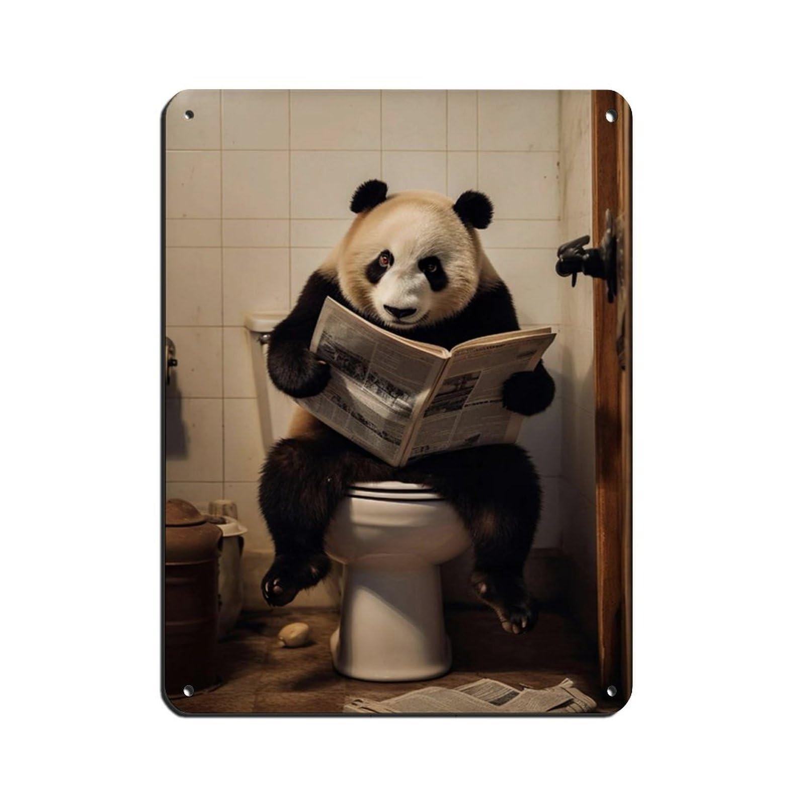 Panda Sitting on The Toilet Reading A Newspaper (2) Tin Sign Vintage Metal Pub Club Cafe Bar Home Wall Art Decoration Poster Retro 12x16inch(30x40cm)