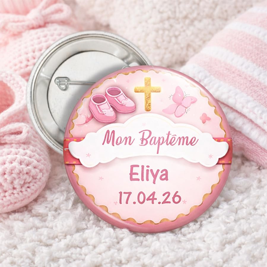 Générique Badge Baptême Personnalisé – Prénom et Date – Cadeau Invités Baptême – Magnet ou Porte-clé – Modèles Fille Garçon (Rose)