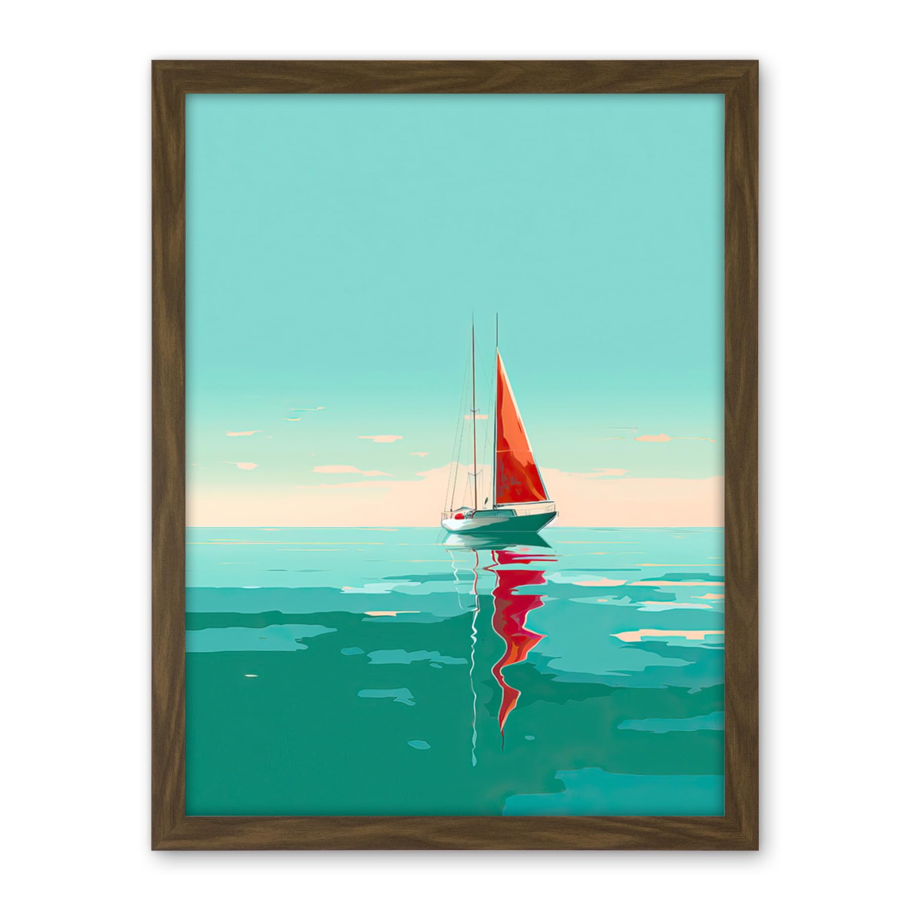 Artery8 A Sailboat with a Red Sail Sailing on a Calm Sea Artwork Framed Wall Art Print 18X24 Inch