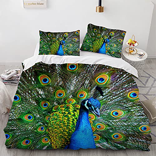 RITIOA Housse de Couette 200x200,Paon Housse De Couette avec Fermeture Éclair Et 2 Taie d'oreiller 65X65cm Parure de lit Paon Vert Microfibre 2 Personne(#8) Cover