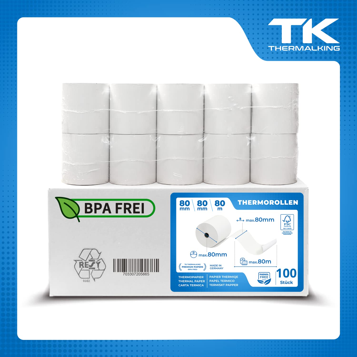 Rouleaux thermiques 80 mm x 80 m x 12 mm – Rouleaux de caisse – Rouleaux de caisse – Pour caisse enregistreuse – Imprimantes de bonbon – Papier thermique – Sans BPA (100 rouleaux)