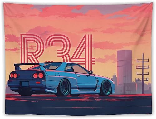 Miniatura 28 de QEOPGNE Tapiz grande para colgar en la pared, diseño de puente de puerta dorada, grandes olas, japonés, retro, Jdm, auto, R34, tapiz para