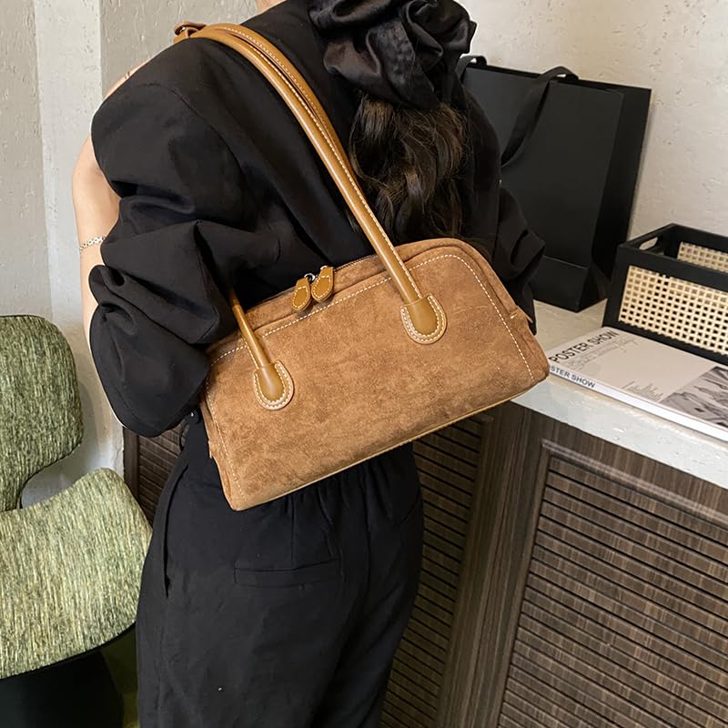 Ladies Elegant Boston Bag Solid Color Mini Shoulder Bag Suede Leather Versatile Handbag Work Commute Shopping Party Bag4