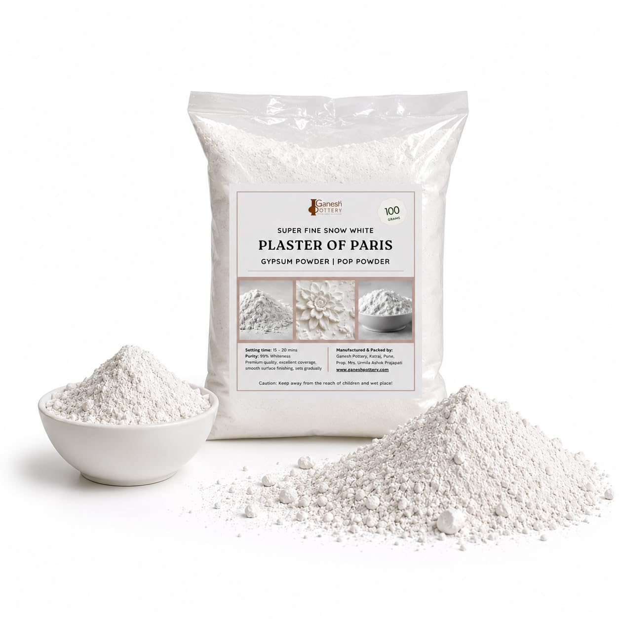 plaster of paris (pop/gypsum powder) for art and craft, white powder for sculptures, pot, ganesha mould making, making idols moulds, hand casting, white sancha for fine detailing (100 gm)
