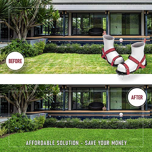 Plantnomics Lawn Aerator Shoes with Hook-and-Loop Straps, Manual, Wrench – Pre-Assembled, Adjustable, Stylish, One-Size-Fits-All – Lawn and Garden Tool Reduces Thatch, Revives Soil Health, Maroon