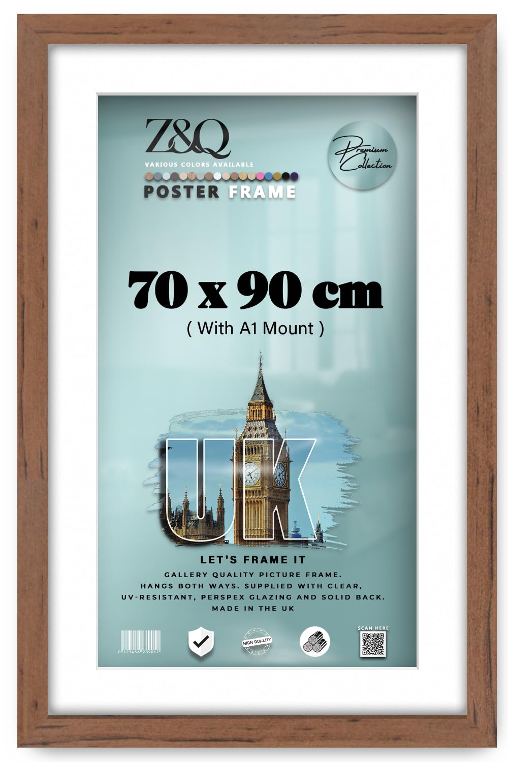 Z&Q - Rectangle Classic Black MDF Wood Finish (90 x 70 cm) Frame for Posters with A1-(59.40 x 84.10 cm) White Mount Eton Wood 36 x 28 Inch For Art Gallery, Home Décor [ Walnut ]