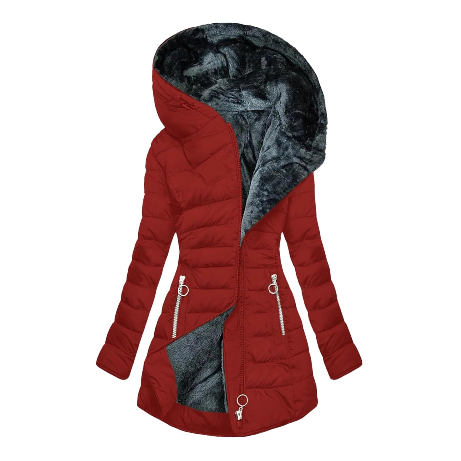 Generisch Winterjacke Damen Lange Steppjacke Wintermantel Warm Gefüttert Damenmantel Langarm Steppmantel Winter Puffer Jacke mit Kapuze Winterparka Fleece Mäntel Reißverschluss