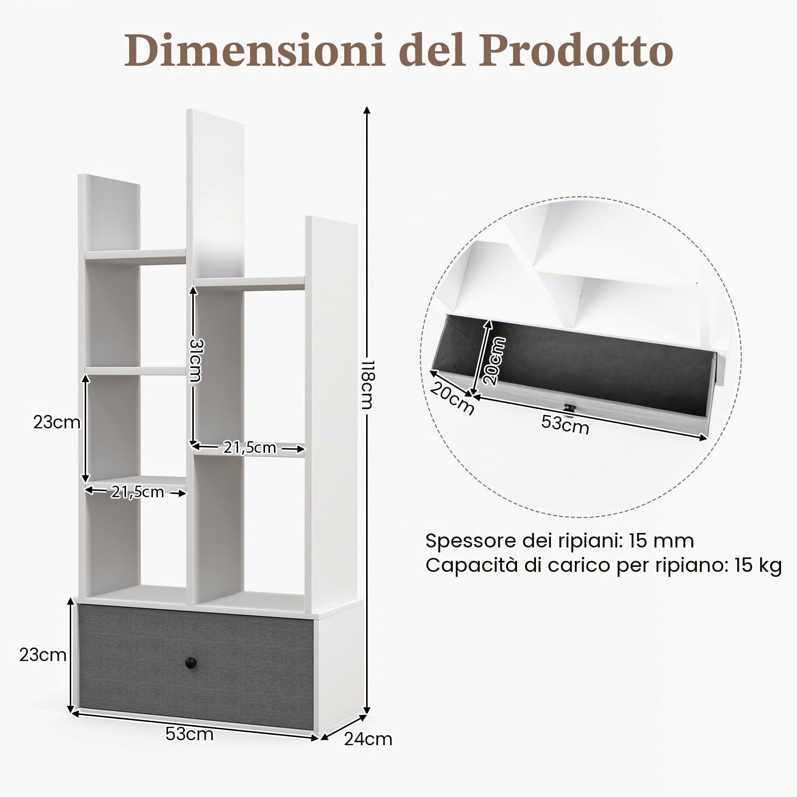 HOMASIS Libreria a 7 Livelli Con Cassetto, Scaffale Verticale Bianco da Terra in Legno, d'Angolo per Soggiorno, Ufficio, Camera da Letto, 53 x 24 x 118 cm