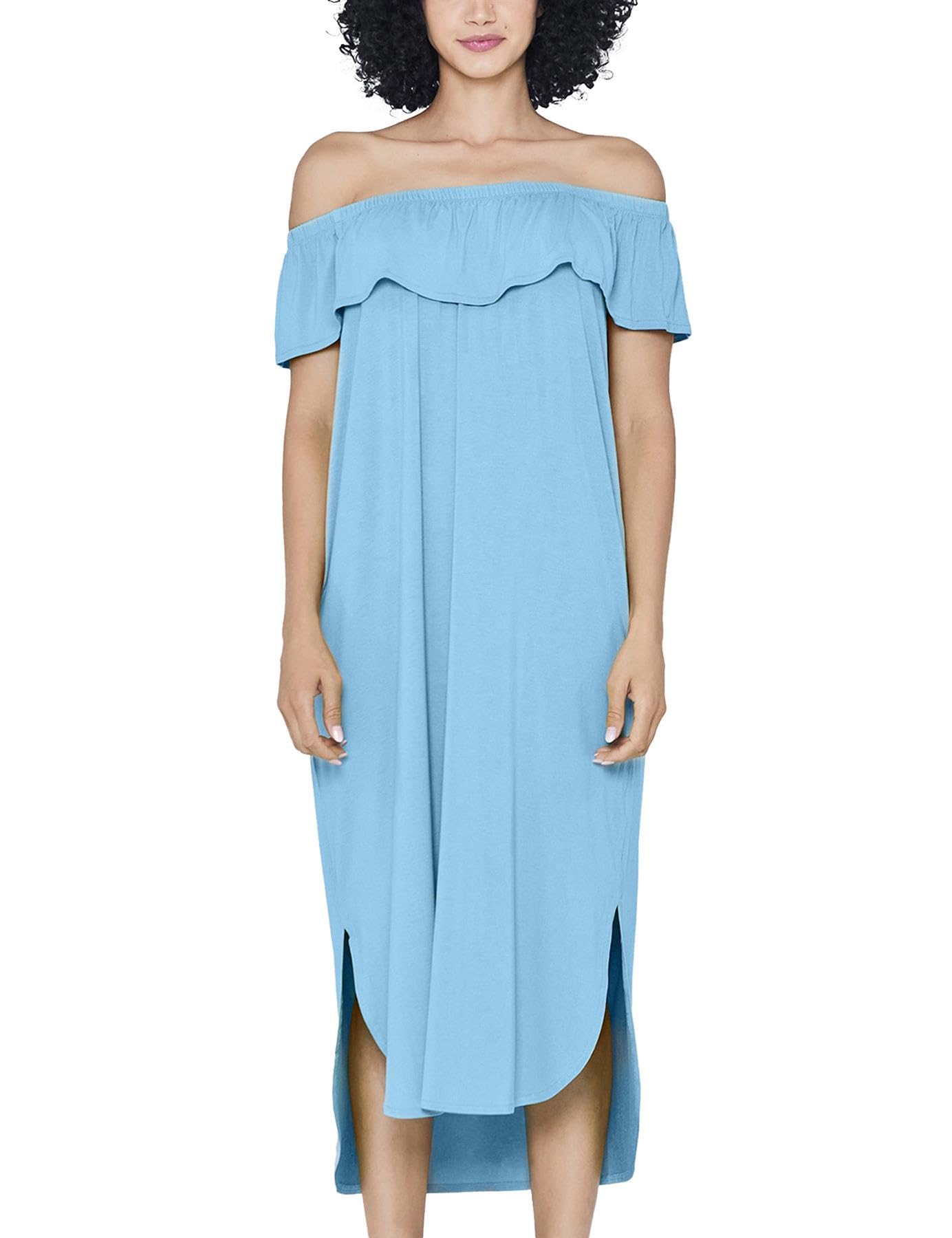 Enorsia Women’s Off Shoulder Ruffle Jersey Midi Dress – Elegant Bardot Style with Chest Frills, Side Slit & Curve Hem – Soft Stretch Viscose Party, Holiday & Casual Outfit in Blue, 18