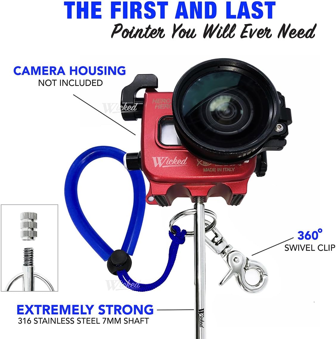 WICKED Muck Stick Pro Pointer Stick 316 Stainless Steel Precision Forged Shaft with Threaded Camera Mount & Heavy Duty Marine Grade 360° Swivel Snap Bolt in Coral Blue
