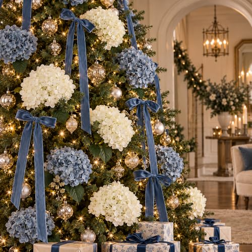 Norme 12 Pcs White Blue Christmas Artificial Hydrangea Flowers 15.8"