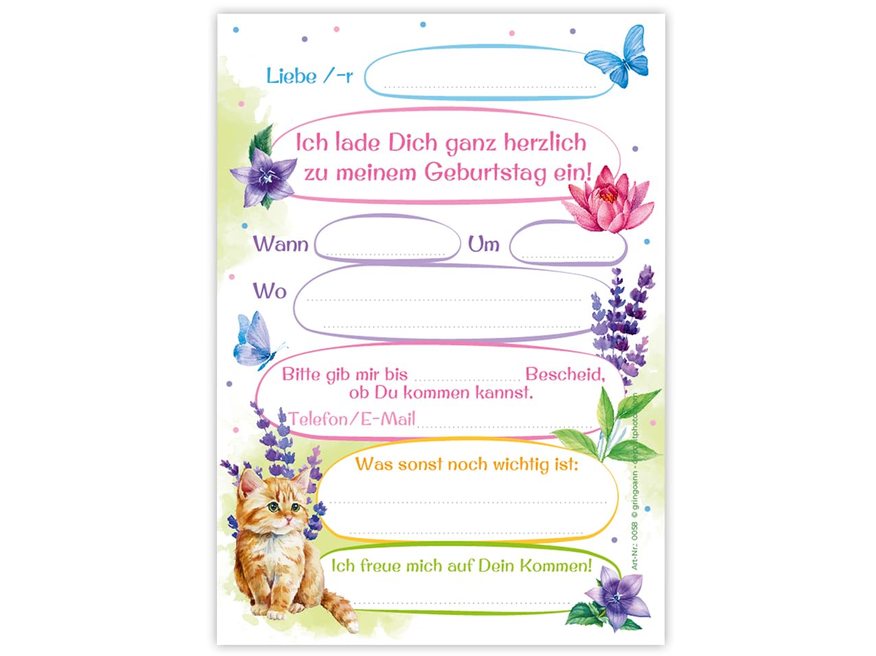 12 Biglietti D'invito Per 6° Compleanno Bambina Con Gatto Glitterato Formato A6 Con Campi Da Compilare