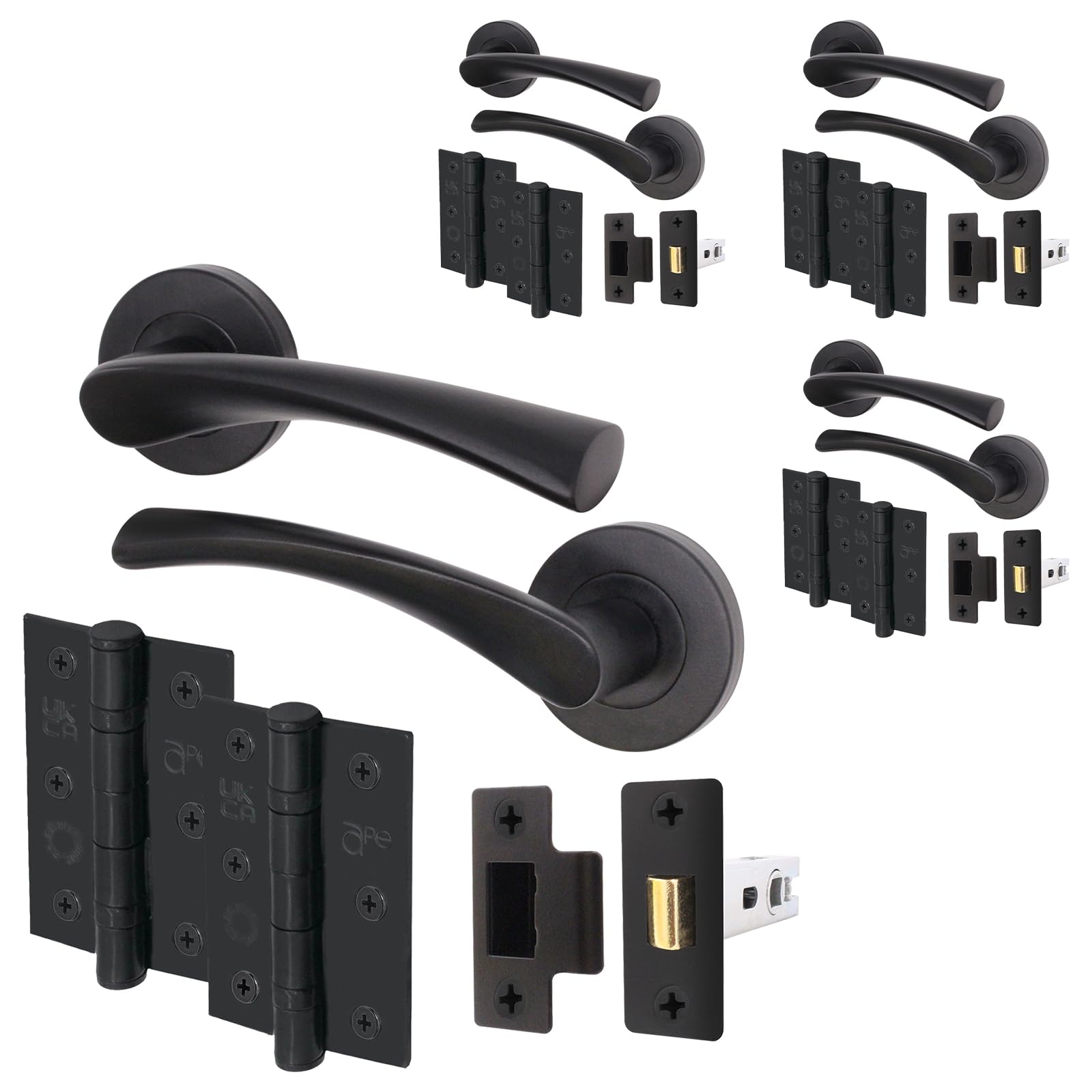 EAI Black Door Handle Latch Set - Pack of 4 | Round T-Bar Internal Door Handles, Latch (64mm), Hinges (76mm) | Matt Black Lever On Rose | Novoli Range — image 1