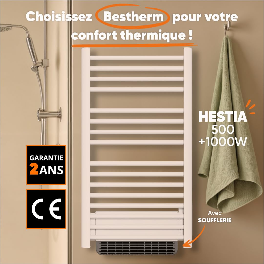BESTHERM - Sèche-serviette électrique sans fluide avec soufflerie 500W+1000W H.100,5xL54cm Bestherm HESTIA blanc