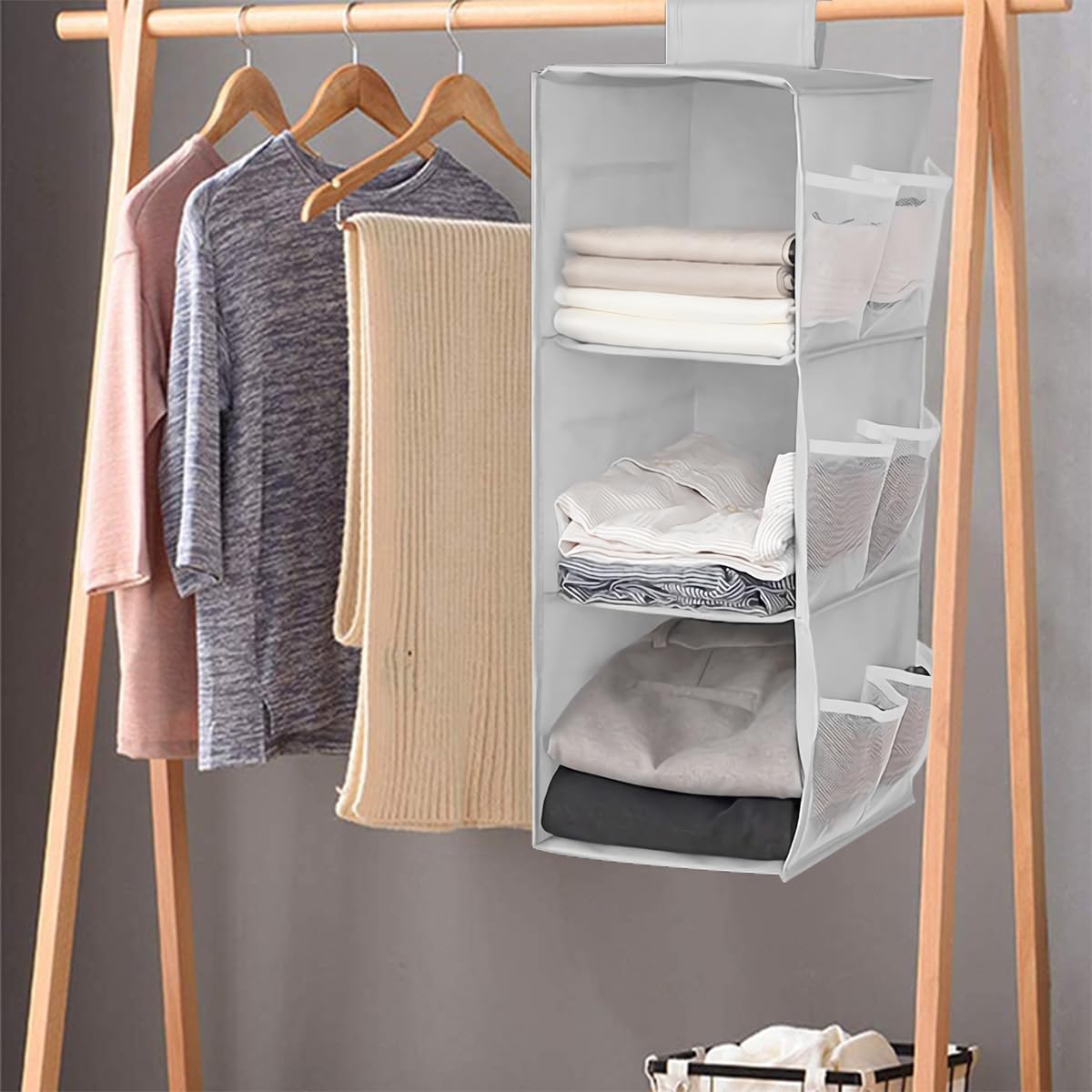 QUMENEY Armoire De Rangement Suspendue Avec Poches - Organiseur Gris Peu Encombrant Pour Chambre étagère Garde-robe Suspendue
