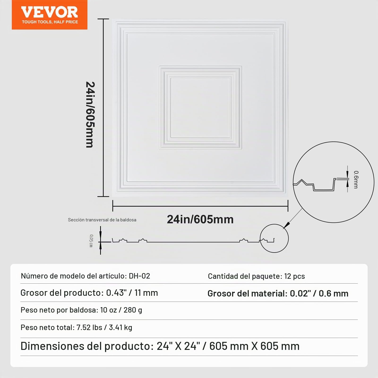 VEVOR Paneles para Techo Suspendido, Paquete de 12, Láminas de PVC de Primera Calidad, Fácil Instalación/Corte, Plástico, para Decoración del Hogar/Oficina, Diseño Geométrico Blanco, 605 x 605 mm
