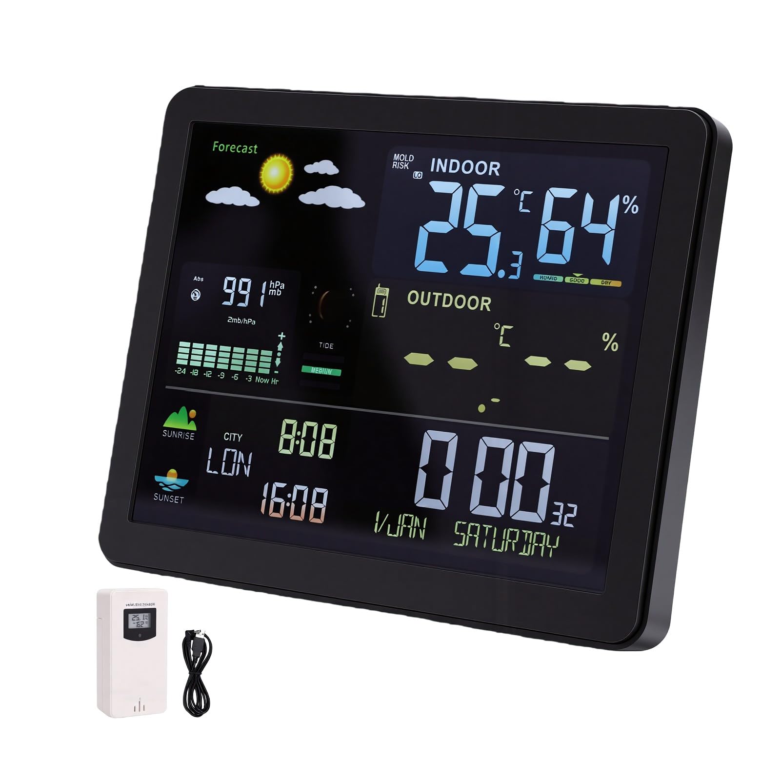 Sxhlseller Wetterstation mit Funk Außensensor, Innen Außenthermometer Hygrometer, Luftdruck Mondphase Gezeitendaten Dual Alarm 12 24 Std for Zuhause Büro