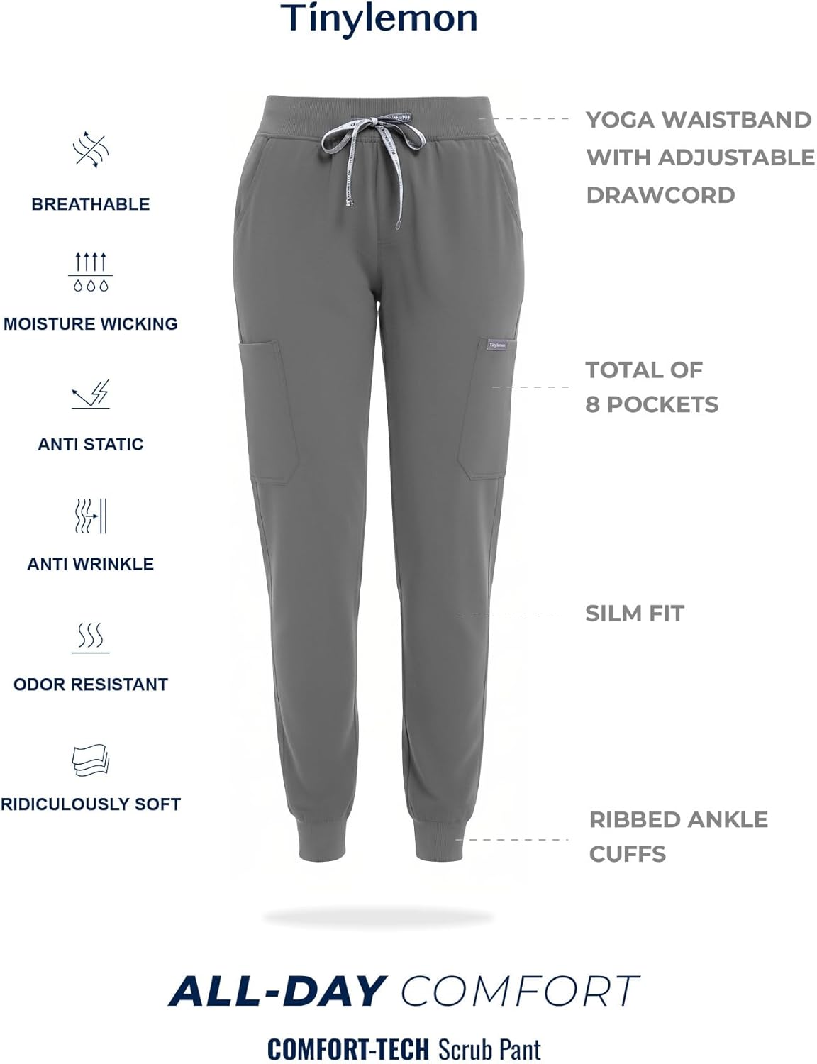 TINYLEMON Scrub Pants for Women - Slim Fit Soft Four Way Stretch Anti-Wrinkle Yoga Waistband Women Joggers 8 Pockets - Image 3