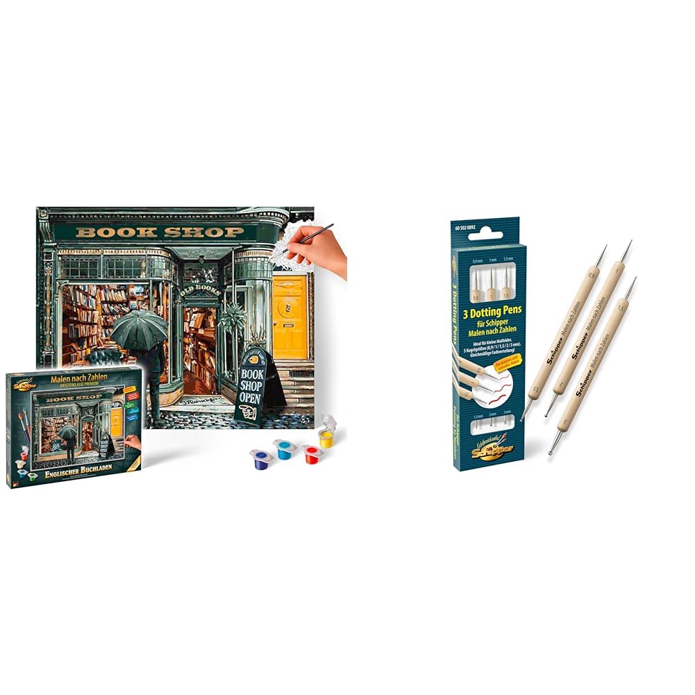 Schipper 609130897 Malen nach Zahlen – Englischer Buchladen & 605020892 Malen nach Zahlen - 3 Dotting Pen´s doppelseitig, die Alternative zum Pinsel, geeignet für jedes Gemälde