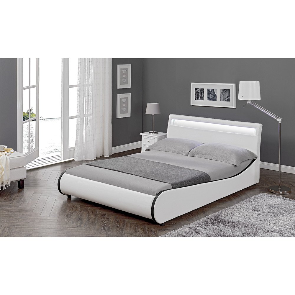 Corium Struttura Letto Imbottito a Testiera Alta con Illuminazione a LED e Telecomando Letto Francese 140x200 cm Bordi Curvi Rivestimento in Similpelle - Bianco