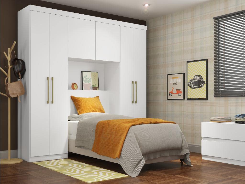 Vente-unique Pont de lit Antero - 6 Portes - avec armoires et rangements - L.200 cm - Blanc
