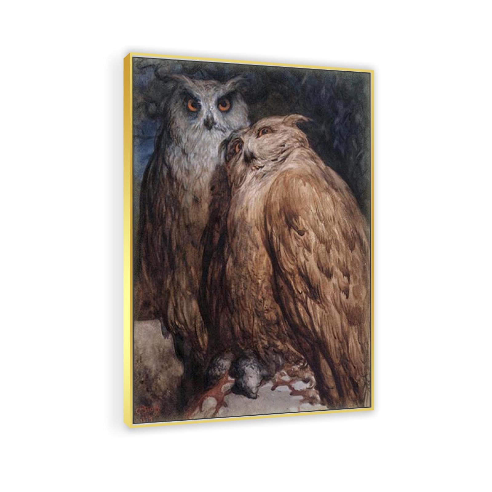 JZSDGB Złota ramka słynne obrazy - Gustave Doré obraz Giclee nadruk na płótnie - 'Dwie sowy'Reprodukcja na płótnie sztuka ścienna - nowoczesna sztuka plakat do wystroju salonu 50x75 cm