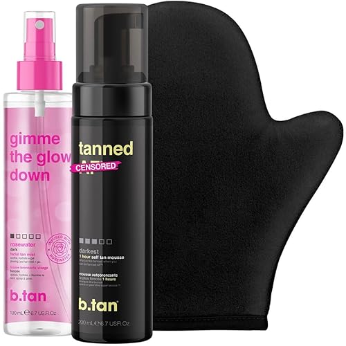 b.tan Kit de espuma autobronceadora oscura y niebla facial b.tan + Glow Bundle - Mousse bronceador sin sol, facial gradual bronceador + spray