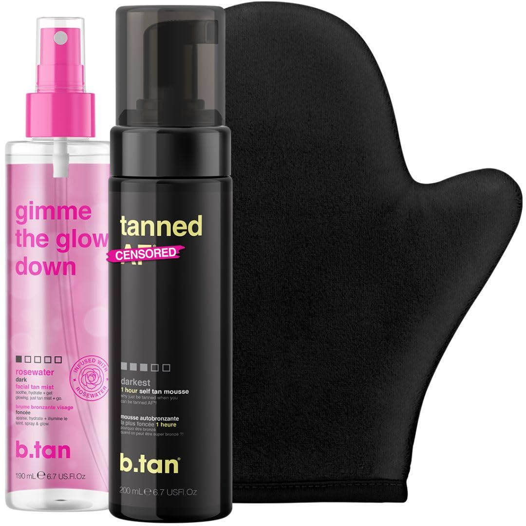 b.tan Dark Self Tan Foam & Face Mist Kit | b.tan + Glow Bundle - Sunless Tanning Mousse, Bronzing Gradual Facial + Body Spray, Mitt Applicator, 1 Hour Express, No Fake Tanner Smell, 6.7 Fl Oz