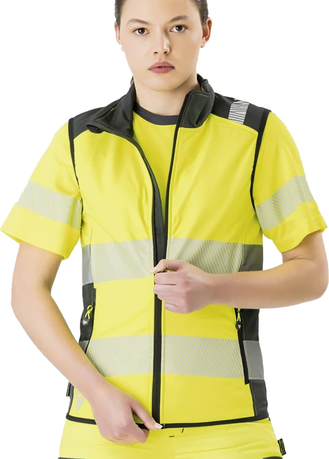 WORKTEAM Chaleco Softshell de Trabajo Alta Visibilidad, Cintas Reflectantes Discontinuas, Cortavientos, Impermeable e Interior de Alta Capacidad Térmica. Unisex