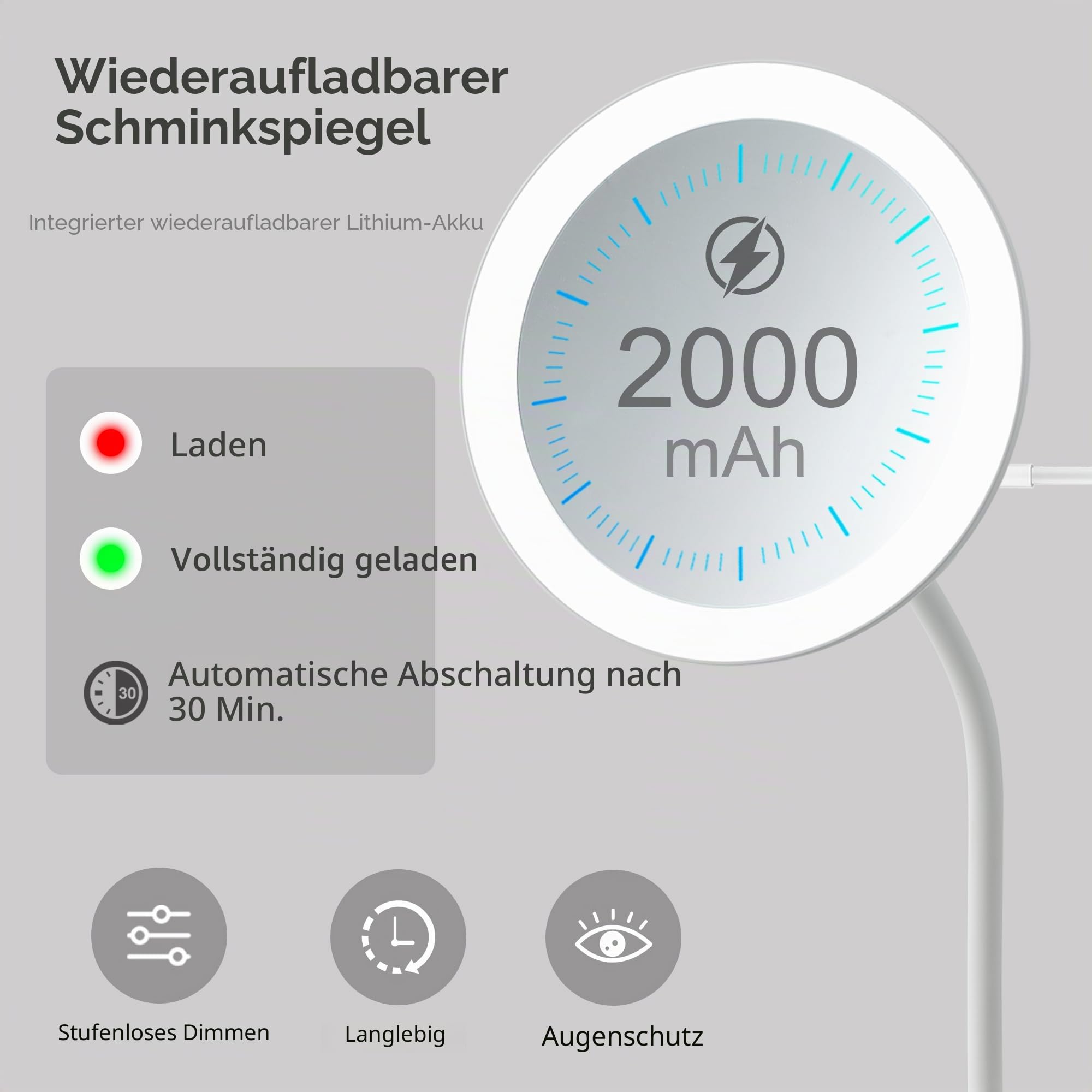 YNGTUOE 16,5 cm beleuchteter Clip-On-Schminkspiegel, Schwanenhals-Reisespiegel, 5-fache Vergrößerung, USB-Lade-Rasierspiegel für den Schreibtisch (weiß, 5-Fach)