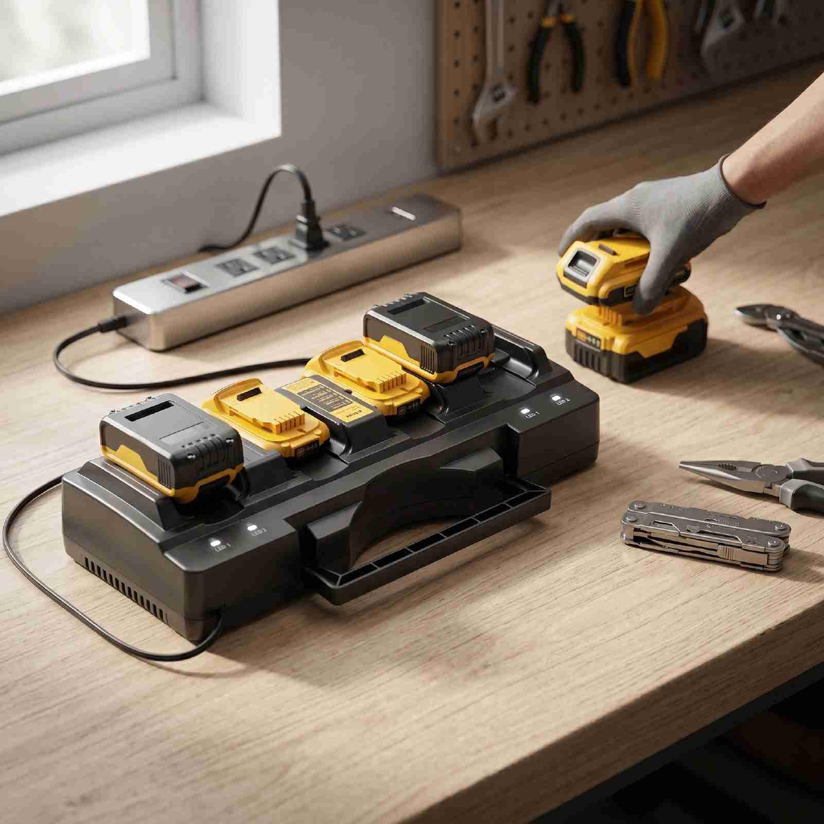 FTVOGUE Caricabatterie a 4 Porte Stazione di Ricarica Rapida 3A | per Struttura in ABS, Protezione da Sovraccarico, Indicatore LED, Utilizzo in Garage per Officina, Maniglia