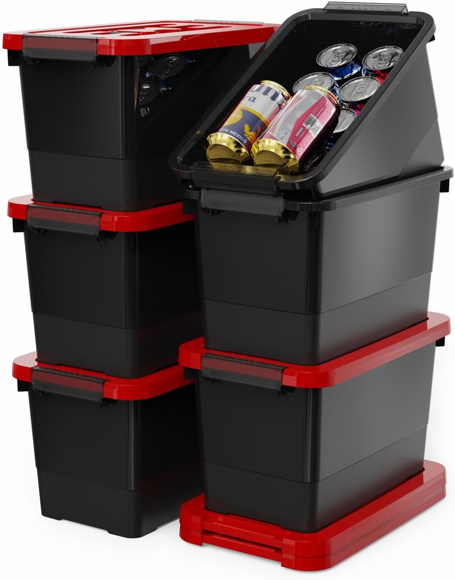 WYT 7 Quart Storage Bins with Lids and Latch, 6-Pack Stackable Plastic Organizing Box with Buckle and Handle, Durable Nestable Totes Containers (Black/Red)