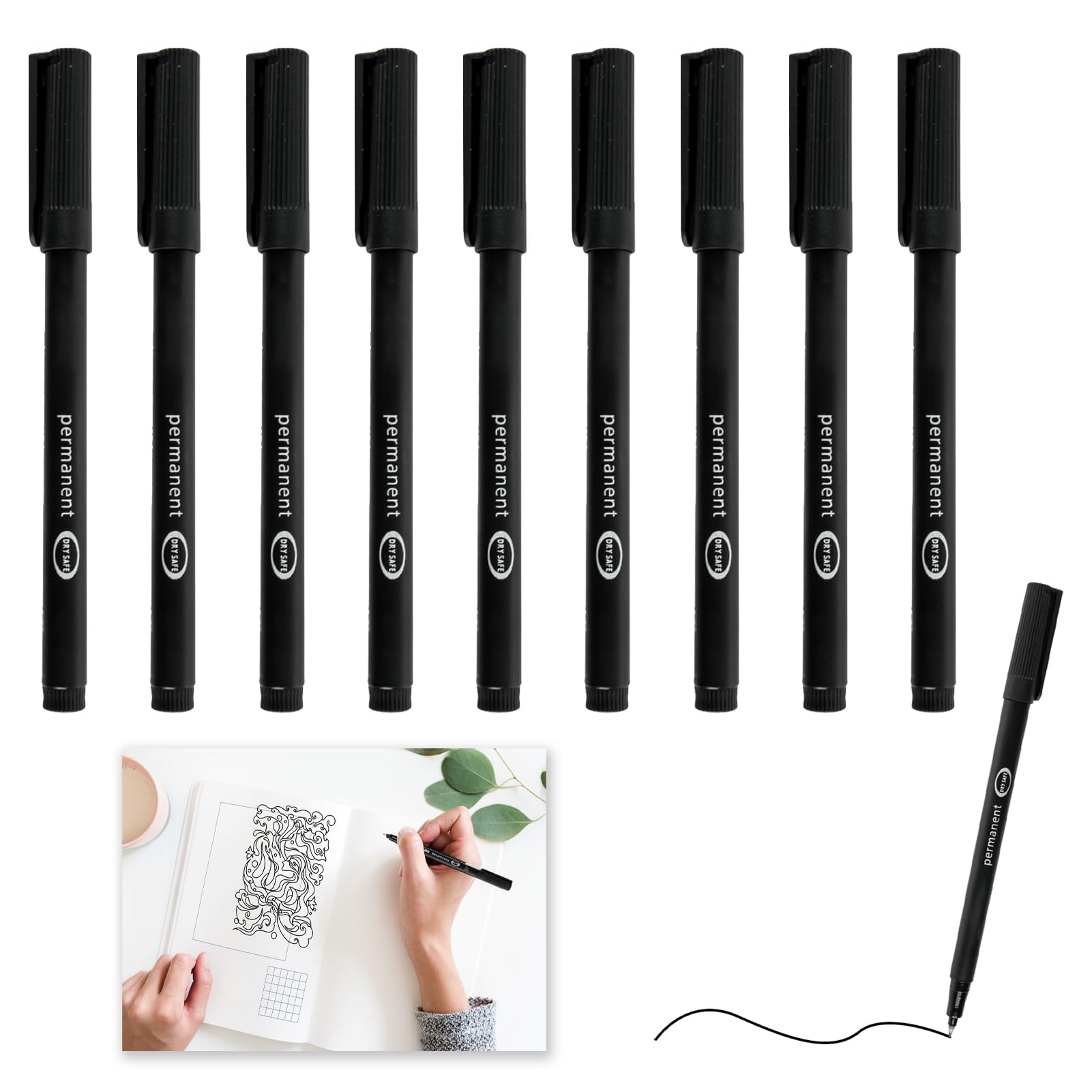 10 Pcs Fine Tip Permanent Marker Pens, Thin Permanent Marker Pen Black Quick Dry Waterproof Ideal For Doodling Marking On Plastic Wood Metal Glass Tip For Office School Crafts Supplies 0 6mm