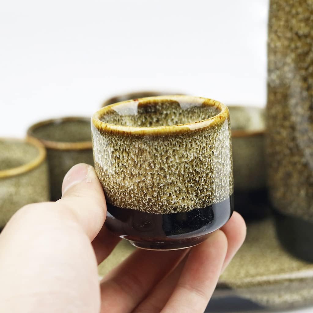 Luxury Handmade Yellow Brocade Porcelain Sake Set - Handmade Japanese Traditional Sake Set 6 cups (Blue ocean waves)