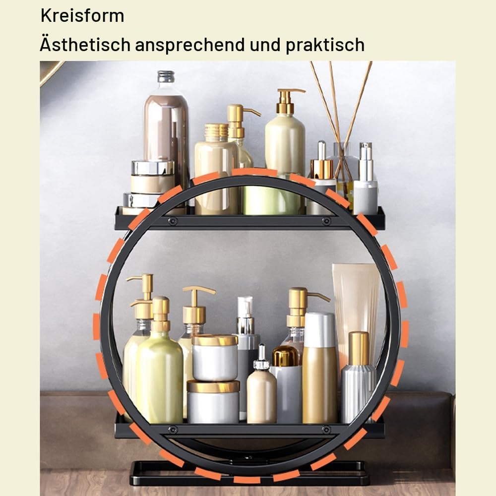 NUODWELL Make-up-Organizer für Schminktisch, 2-stöckig, Badezimmer-Arbeitsplatten-Organizer, Hautpflege, Kosmetik-Aufbewahrungsregal, Metall, Parfüm-Organizer für Schlafzimmer, Kommode (schwarz, rund)
