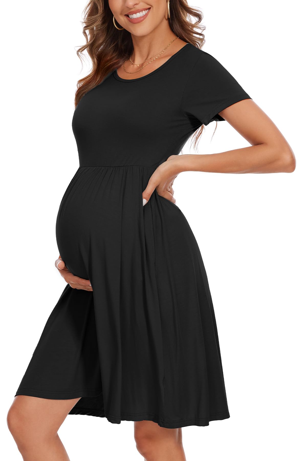 Women's Short Sleeve Maternity Dress Patchwork Pregnancy Clothes with Pockets
