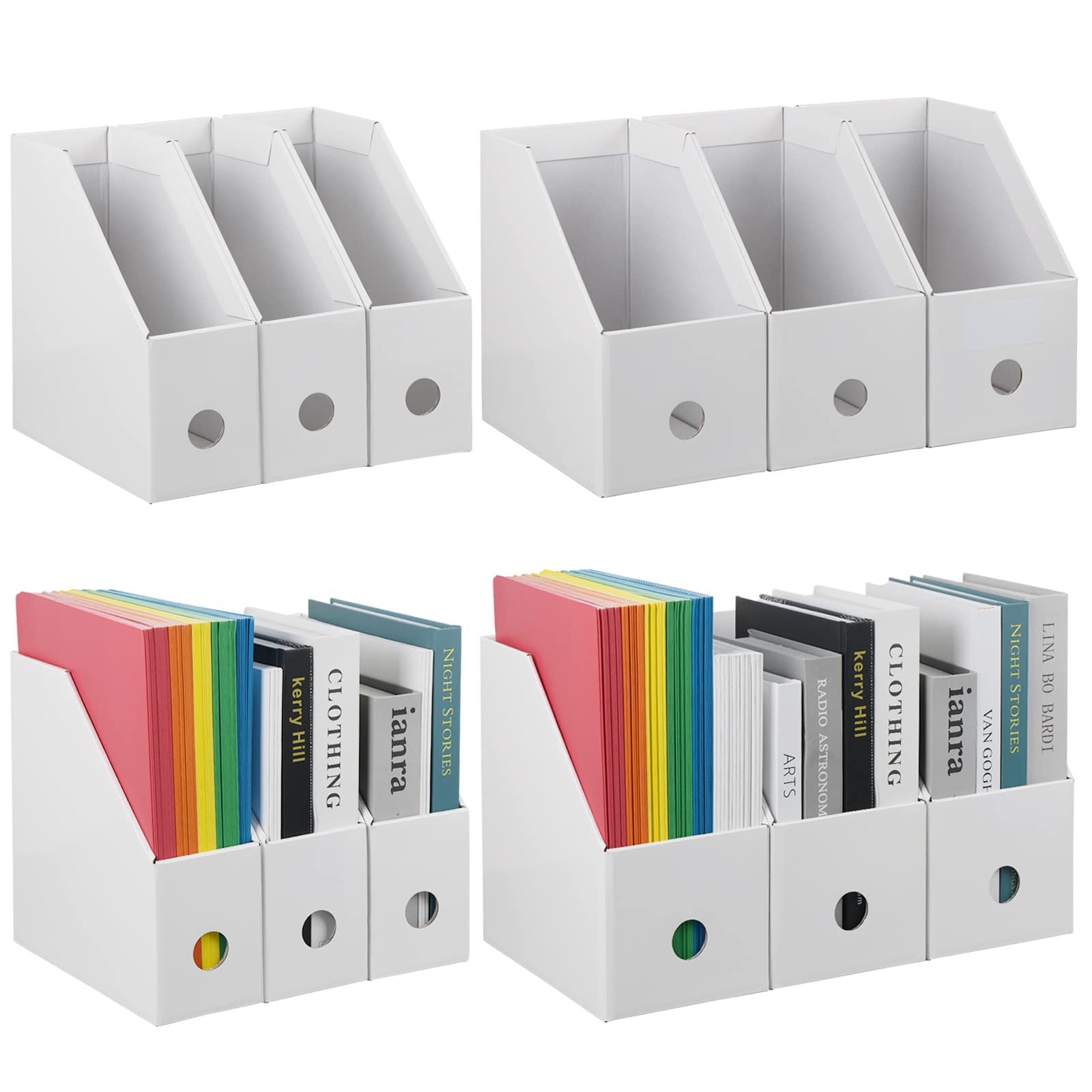 12 Pack Tunnkit Medium and Large Cardboard Thickened Bookstand Magazine File Holder with Labels, The Magazine Storage Contains, 2 Sizes White Magazine File Holder for Home, Office, and School