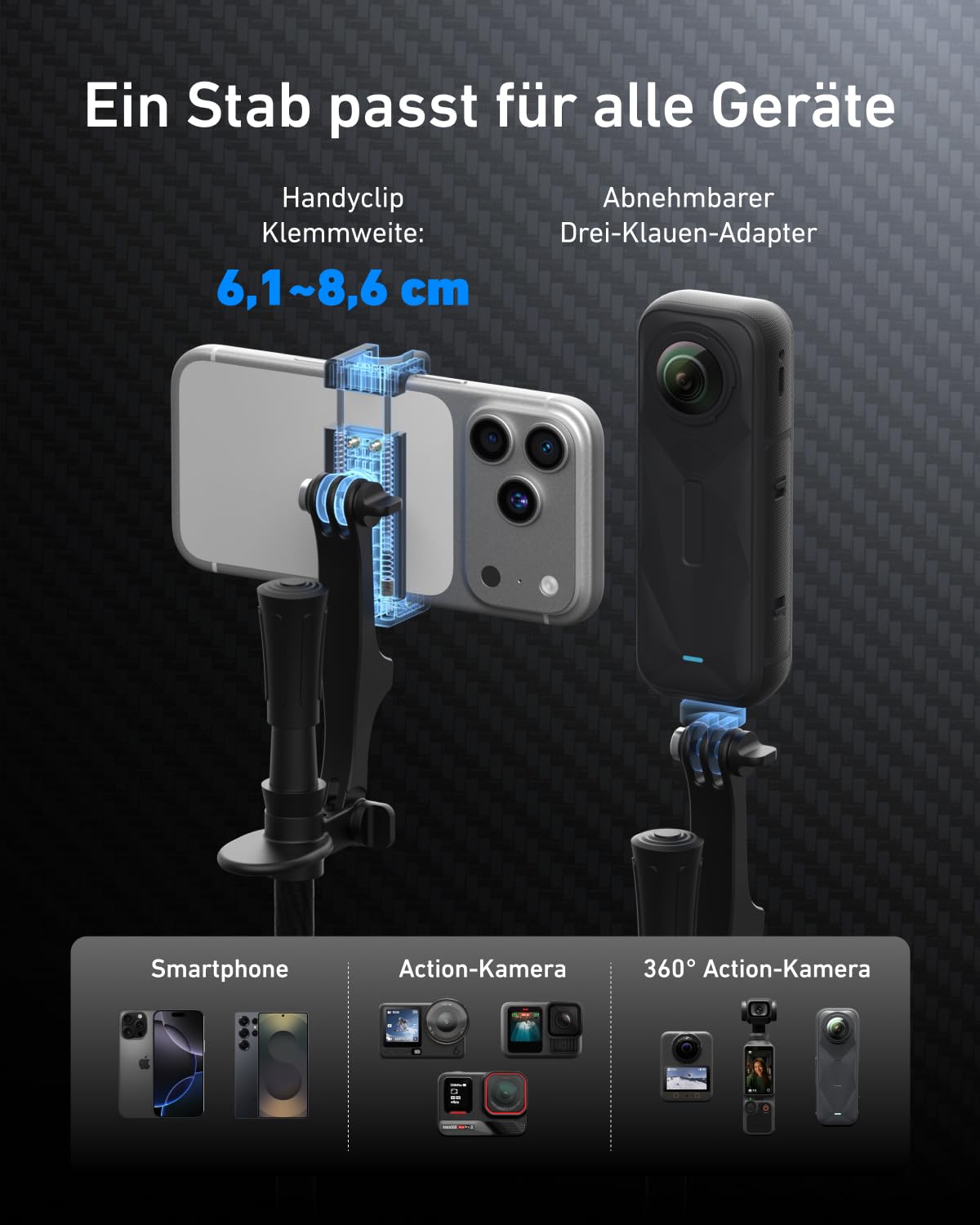 TELESIN TrekShot Carbon Selfie Stick Stativ für iPhone/Action-Kameras | 3-in-1 Wanderstöcke-Style Pole, 148cm Ausziehbares Handy Selfie Stick Stativ, Reise Vlog Monopod mit Bluetooth-Fernbedienung