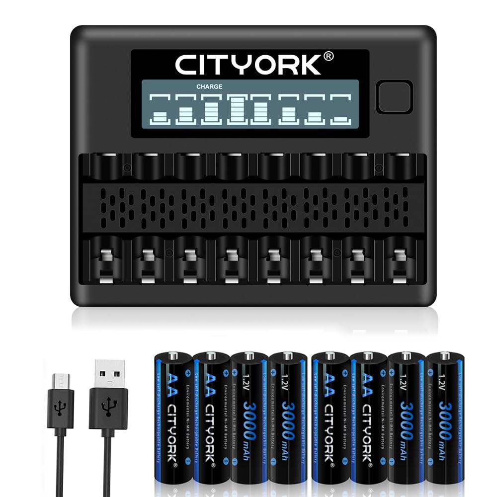 CITYORK 8 Bay AAA AA Smart LCD Independent Slot Battery Charger with 8 Pack 1.2V AA 3000mAh Rechargeable AA Batteries High Capacity Low Self Discharge 1.2v Ni-MH AA Batteries, Fast Charging
