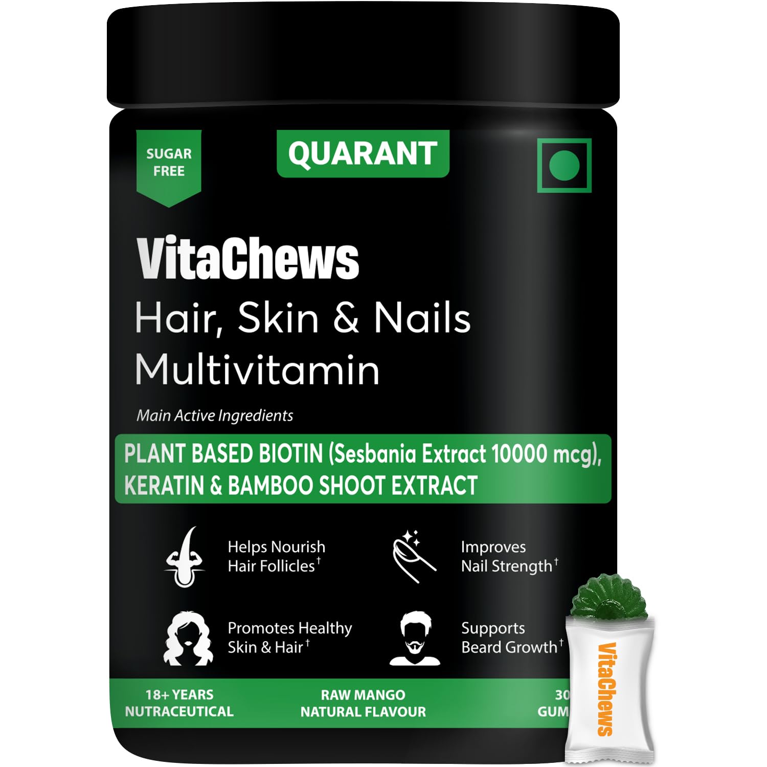 QUARANT VitaChews Hair, Skin & Nails Multivitamin Sugar Free Gummies with Biotin (Plant Based), Keratin, Bamboo Shoot Extract & 16 Nutrients for Men & Women, 30 Days Pack, Raw Mango Natural Flavour (B0D6BZHVKY) Amazon Price History, Amazon Price Tracker