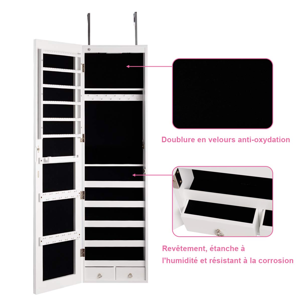 COSTWAY Armoire à Bijoux Mural avec Miroir et Lumière LED Armoire de Rangement Accrochée à La Porte 120 x 36 x 10 cm (Blanc)