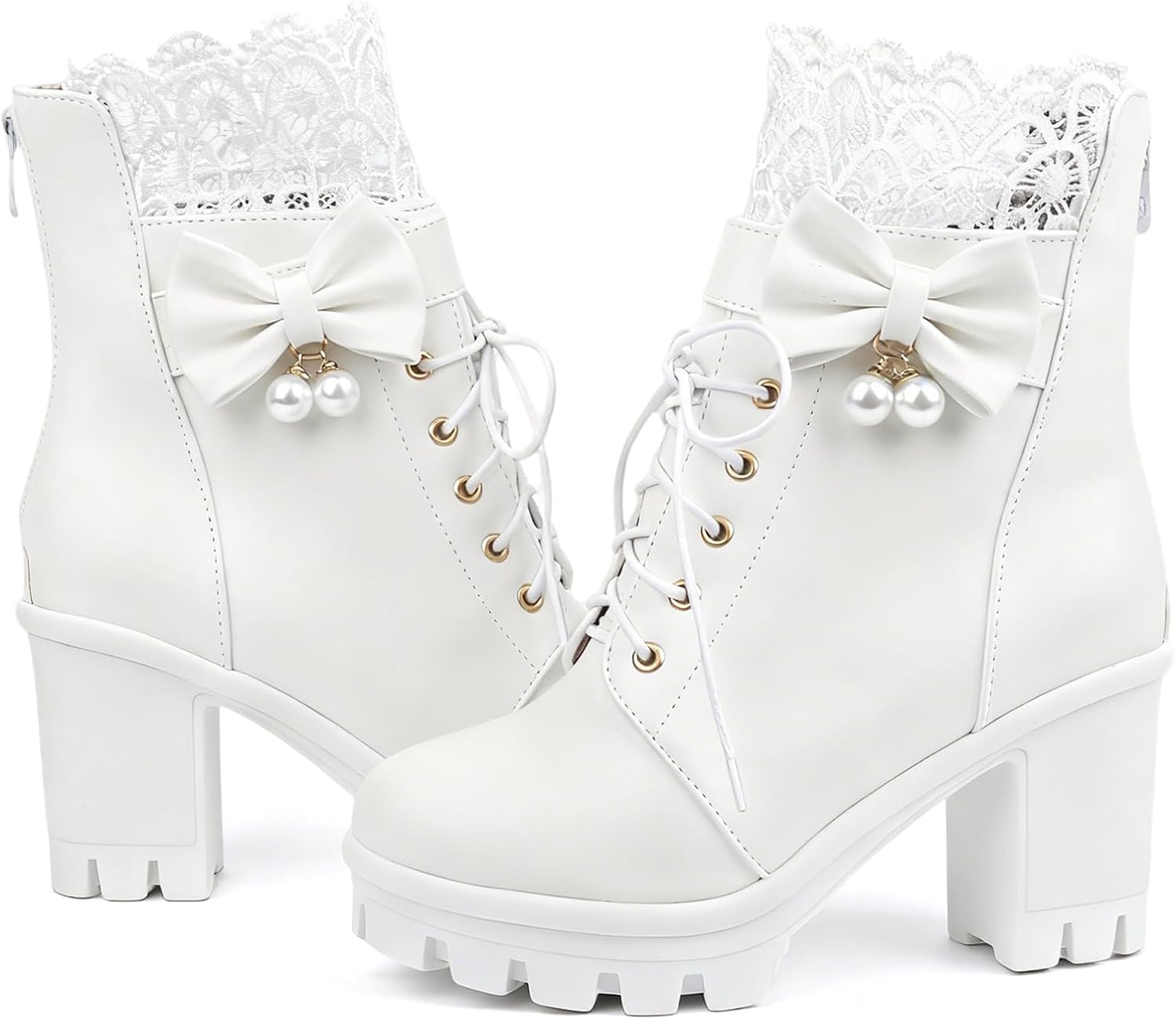 BEAUPAS Women's Gothic Platform Ankle Boots Lace-Up Combat Boot with Bow Pearl Chunky High Heel - Image 4