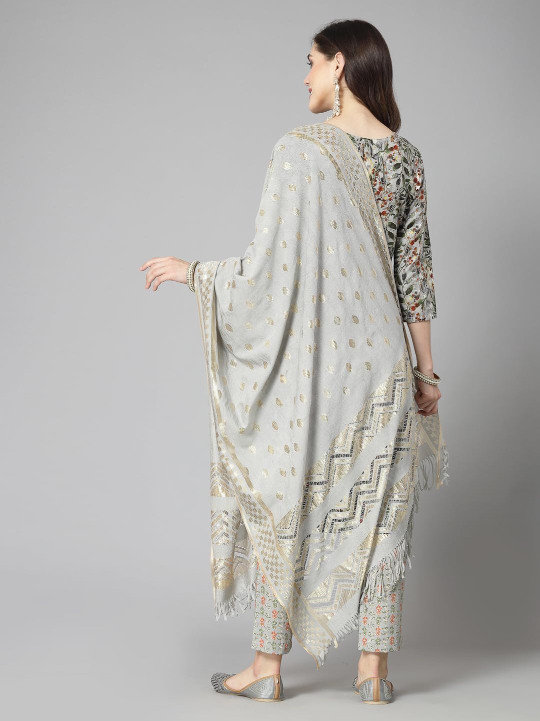 Stylum Women's Floral Printed Cotton Blend Straight Kurta Pant Dupatta Set (Kpdgreendangal42_Green, Xl)