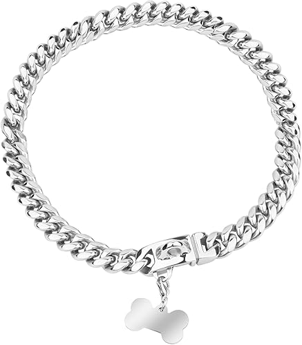 Miniatura 1 de Collar resistente para mascotas, cadena de perro de plata con eslabones cubanos para perro, cadena de metal de acero inoxidable fuerte para perro,