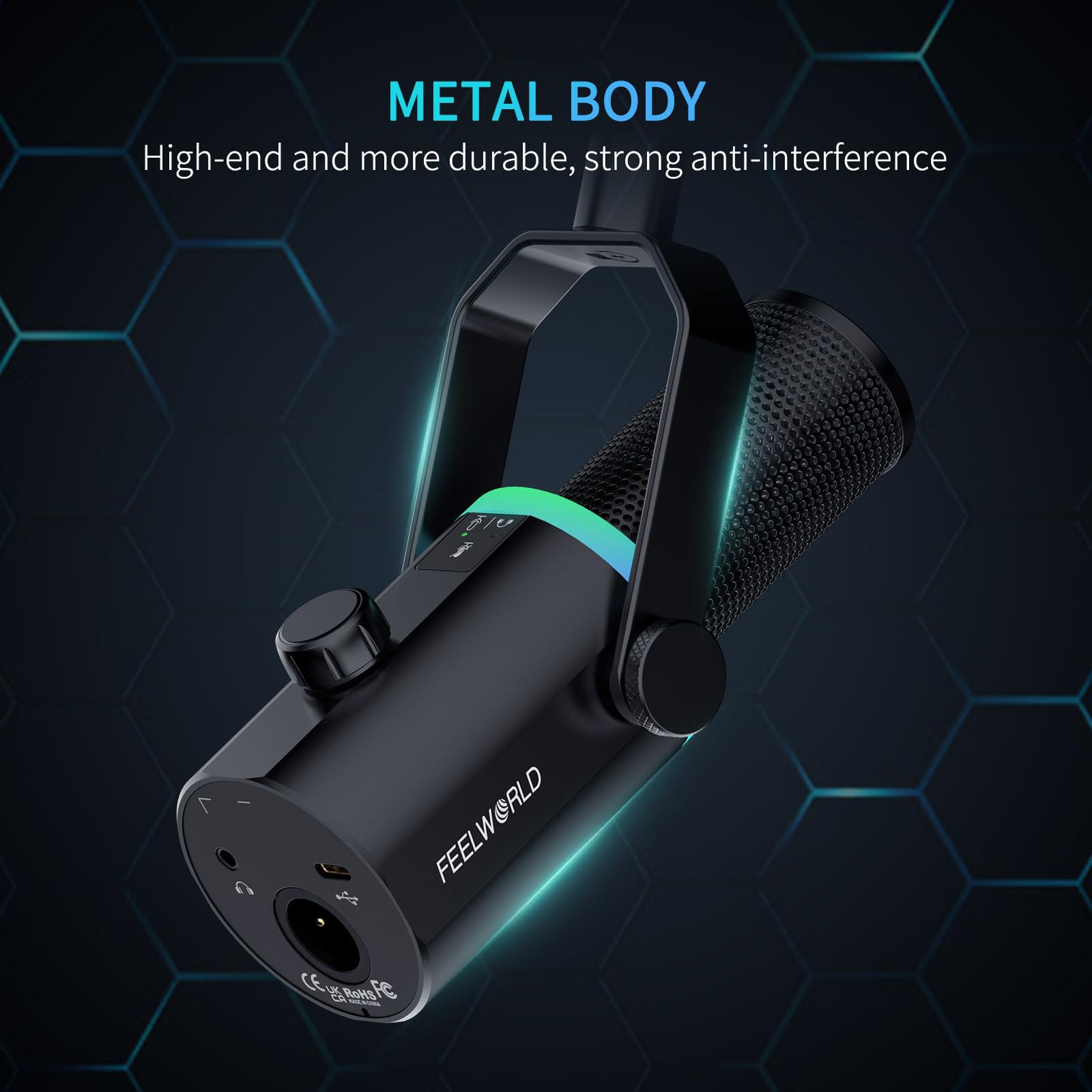 FEELWORLD PM1 XLR - Micrófono dinámico USB con soporte de brazo para podcast, computadora, juegos y transmisión en vivo, voz vocal, micrófono de metal de estudio con luz RGB