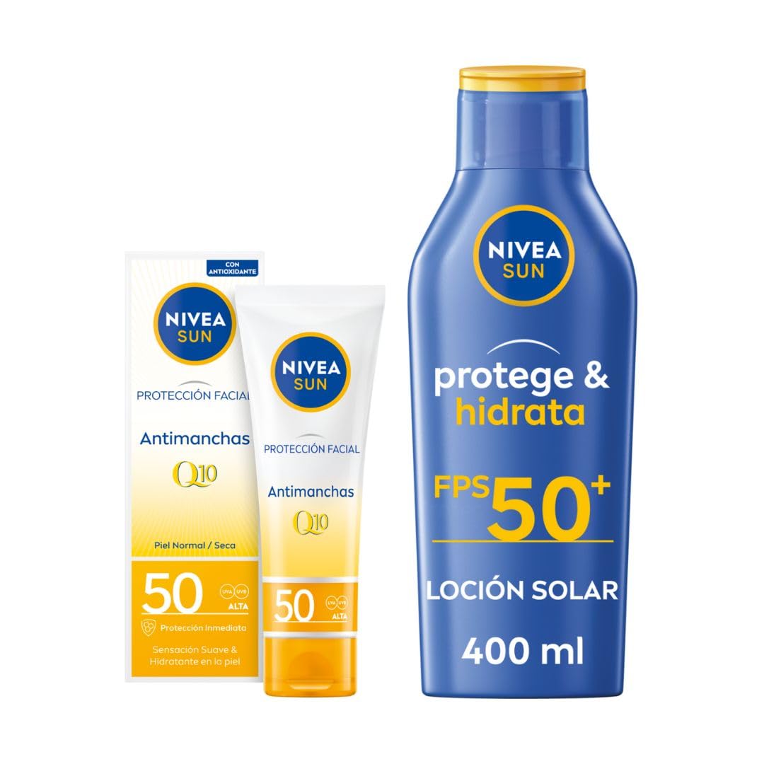 NIVEA SUN Protege & Hidrata Leche Solar FP50+ (1 x 400 ml) + Protección Facial UV Anti-Edad & Anti-Manchas FP50