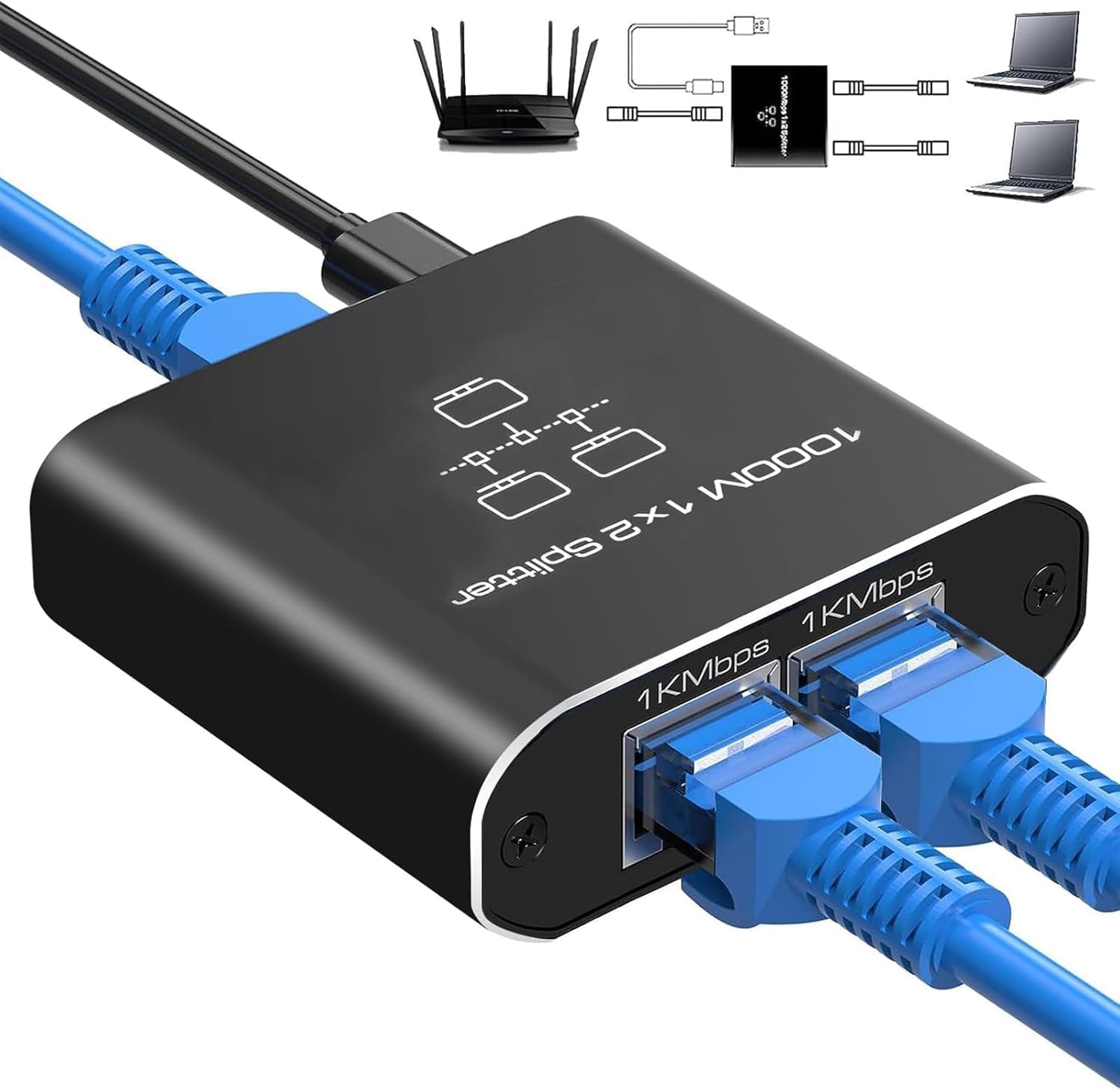 Ethernet Splitter 1 to 2, Network Switch 1000Mbps Ethernet Switch 2 Port, RJ45 Gigabit LAN Splitter with USB Type-C Power Cable for Computer, Hub, Switch, Router, ADSL, Set-Top Box, Digital TV, Etc