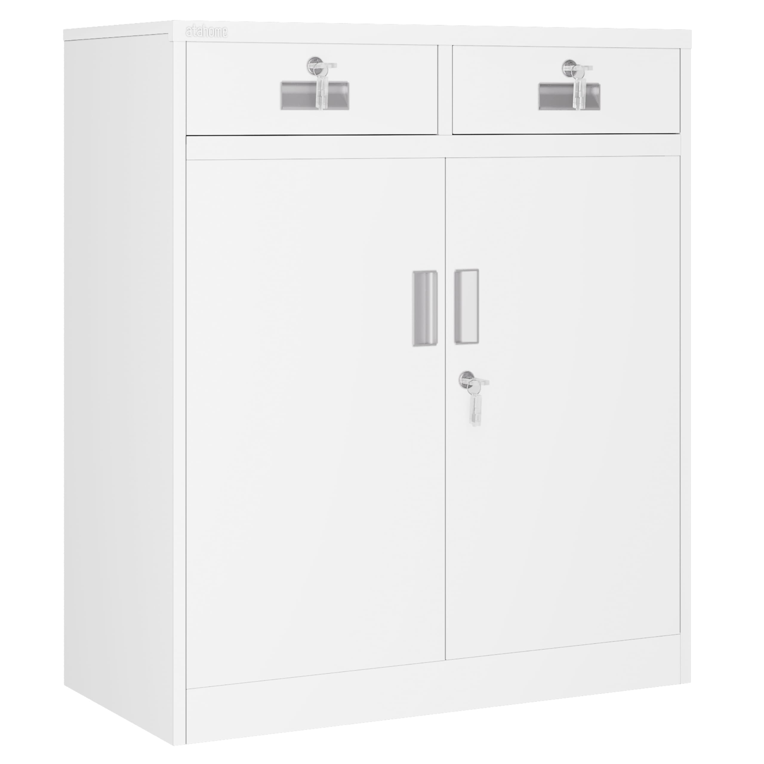 Atahome Metal Cabinet Storage Cupboard Lockable Steel Cabinet Locking Doors, 2 Drawers & Adjustable Shelf – Home, Office, Garage, Kitchen, Pantry 92 x 80 x 40 cm (H x W x D) Smyrna (Smyrna, White)